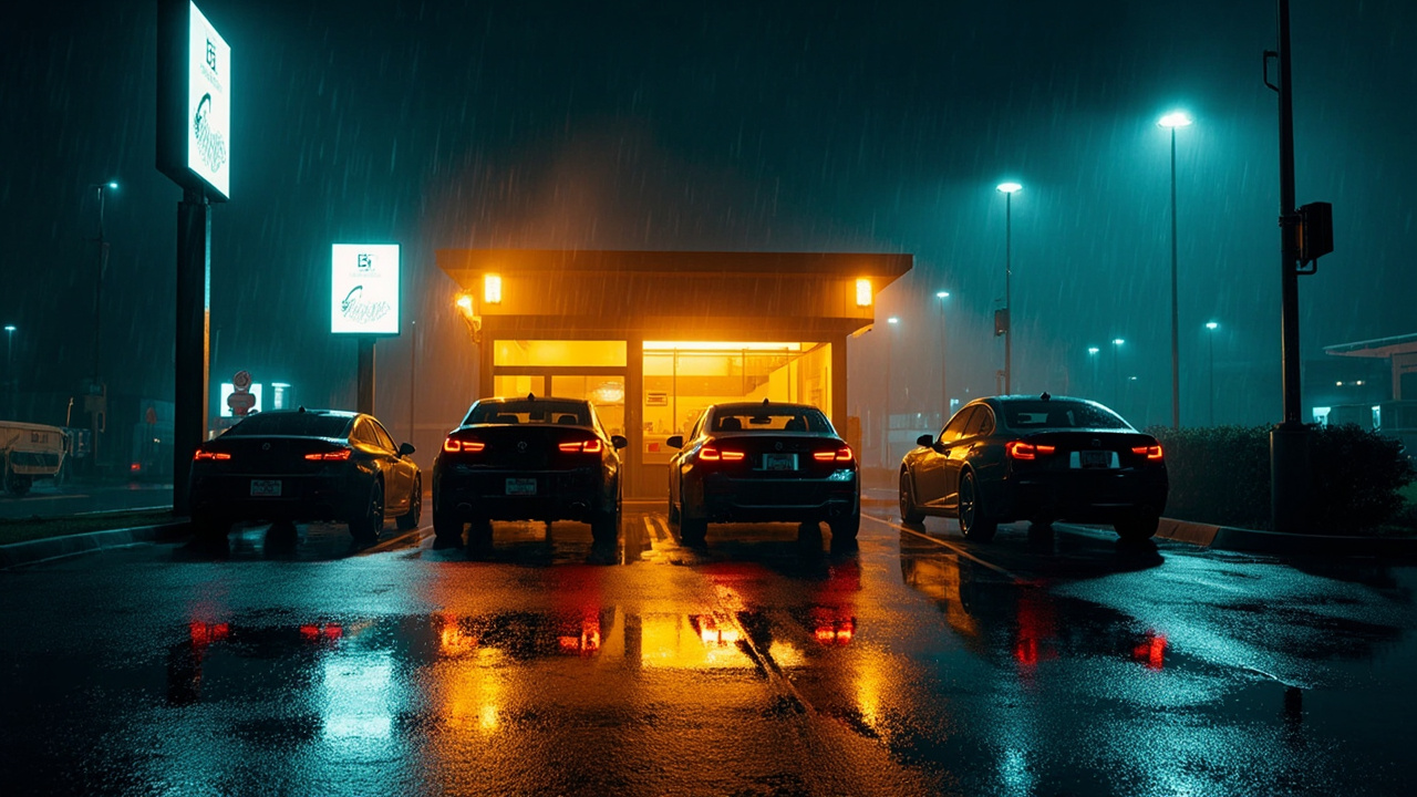 Rain-soaked nighttime drive-thru with cars waiting at a glowing service window